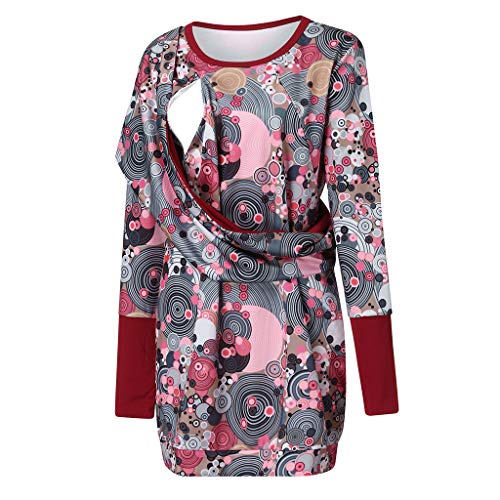 Maternity 2-1 Nursing Hoodie Midi Dress,Crytech Pregnant Women Long Sleeve Kangaroo Hooded Pullover Dress with Baby Carrier Pocket Pregnancy Babywearing Winter Fall Clothes (Large, Wine)