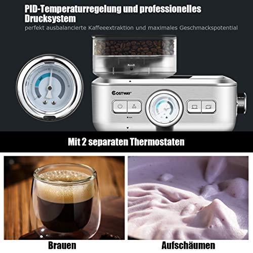 COSTWAY Siebträgermaschine mit 30 Stufen Mahlwerk, Kaffeemaschine mit Milchaufschäumdüse, Espressomaschine mit PID… – Bild 5