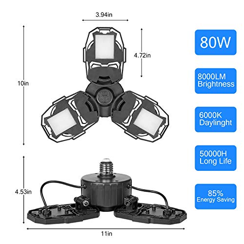 2 Pack 80W LED Garage Lights, Deformable Garage Light with 3 Adjustable Wings, 8000LM, E26 LED Shop Light, Barn Light, High Bay Light, Ceiling Lighting Fixture for Warehouse (No Motion Detection)