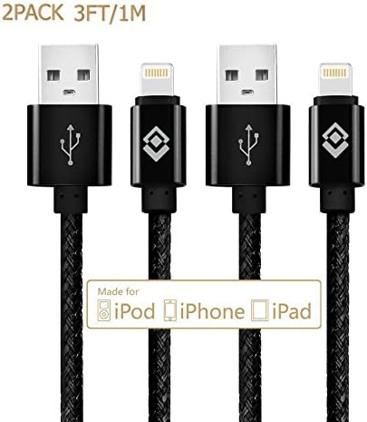 Lightning Cable,[2-Pack] 3ft/1m USB Cable Nylon Braided tangle-free High Speed Data Sync Charger cord with Aluminum Heads for Apple iPhone 6/6s/5/5s/5c Plus iPad iPod iPad Air Mini (blcak)