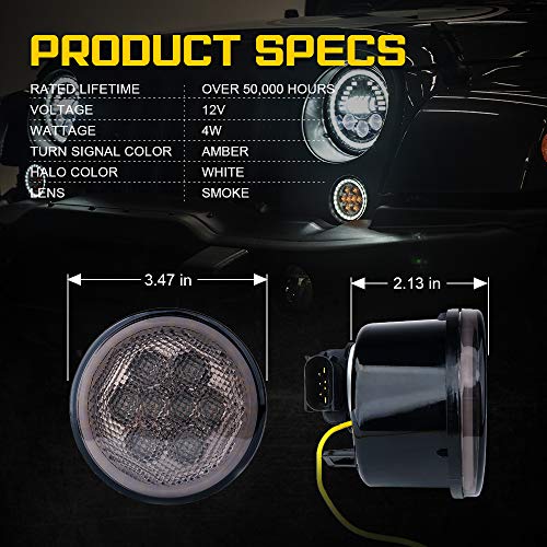 Xprite LED Amber Turn Signal Light with Smoke Lens and Halo DRL for 2007-2018 Jeep Wrangler JK JKU