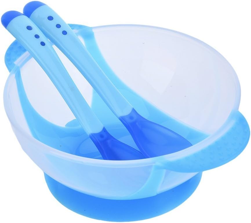 Skudgear BPA Free Baby Food Serve Bowl and Container with Lid, 2 Heat and Temperature Sensing Spoons, Vacuum Suction Hold (Blue)