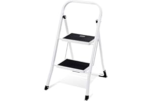 Delxo Step Ladder 2 Step Stool with Handle Heavy Duty Steel Sturdy Wide Pedal Step Stools Ladder Folding Lightweight Anti-Slip Portable Collapsible Ladders Kitchen Small White