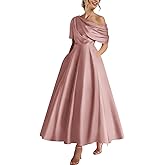 Xuzey Tea Length Satin Mother of The Bride Dresses for Women One Shoulder Formal Evening Gown with Pocket Wedding Guest