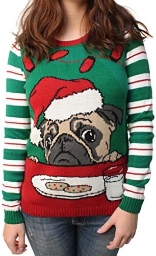 Ugly Christmas Sweater Junior's Pug Cookie LED Light Up Pullover Sweatshirt-Small Emerald