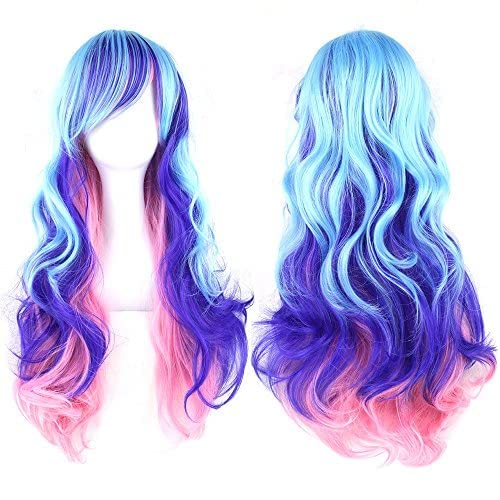 IMISSU 26'' Long Curly Natural Hair Cosplay Wig with Bangs Colorful Halloween Costume Party Wigs for Women (Blue Pink)