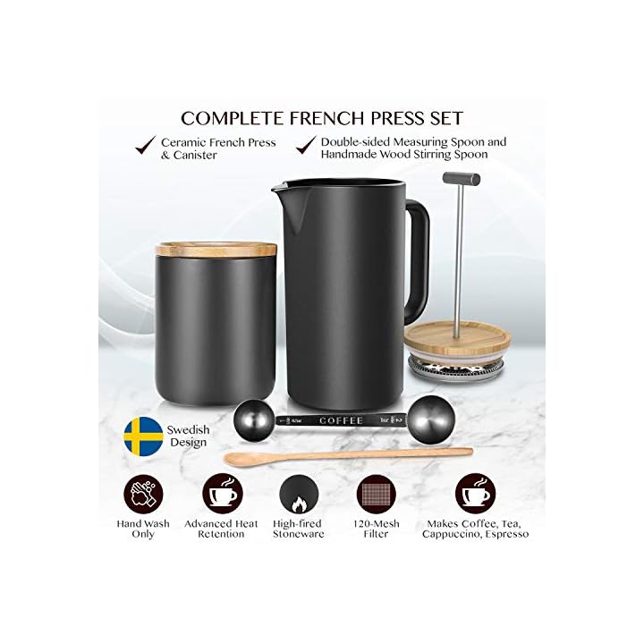 Ceramic French Press Coffee Maker + Grounds Canister Escape Waste