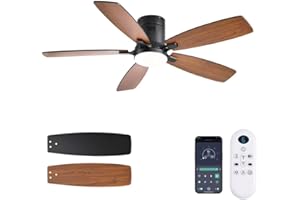 FUMLTP 52inch Ceiling Fans with Lights, Low Profile Ceiling Fan with Light and Remote Control/APP Control, Flush Mount, Reversible Motor, Dimmable, Noiseless, Brown Ceiling Fan for Bedroom (Brown