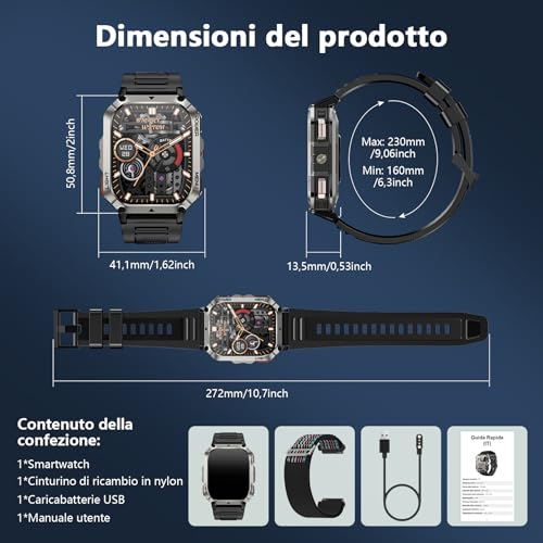 Blackview Men's Smartwatch, 2.01 Inch Military Smartwatch Fitness with Bluetooth Calls Smart Watch 115+ Sports Modes/900 mAh/Sleep/Heart Rate Monitor/Torch/Compass for Android IOS