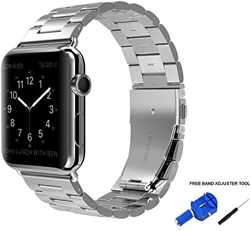 Apple Watch Band 42mm, Silver Stainless Steel and Double Button Metal Buckle Clasp by Palestrapro. iWatch Link Band for Business Men and Women for Series 3,2,1. Sport and Edition