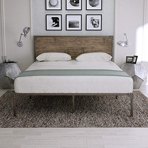 Full Size Metal Bed Frame/Platform Bed with Wood Headboard/Box Spring Optional/Easy Assembly