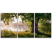 wall26 Canvas Print Wall Art Set Oak Tree Near The Misty Forest Lake Nature Wilderness Photography Realism Chic Scenic Relax/Calm Multicolor for Living Room, Bedroom, Office - 16&#34;x24&#34;x3 Panels
