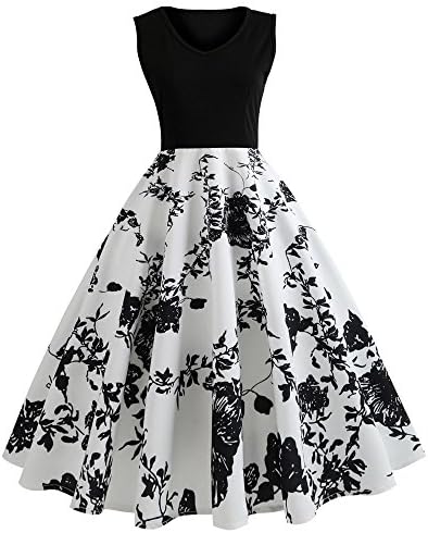 Alixyz Women Mini Dress 50s Hepburn Vintage Floral Printed Elegant Party Swing Dress