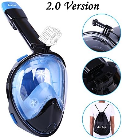 Snorkel Mask 2.0,Airbay New 180°Panoramic Full Face View and Easy Breath Surface Diving Design, Action GoPro Camera Compatible, Anti Fog &amp; Anti Leak Snorkeling for Adult and Youth