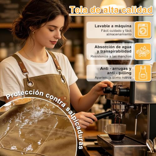 Delantales de cocina 2 piezas para mujer y hombre, mandiles ajustables con tirantes cruzados, 3 bolsillos, resistentes a salpicaduras, ideales para cocinar, barbacoa, hornear y jardinería, Café