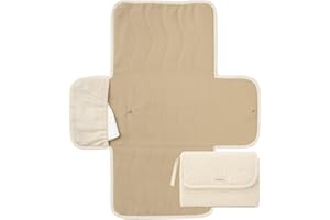 Toddlekind Mini Maven Portable Changing Pad – Organic Cotton & Water-Resistant Polyester – Travel-Friendly, Foldable Change Mat – Tofu Beige Stripes with Wave Stitching – Chic, Durable, Easy to Clean