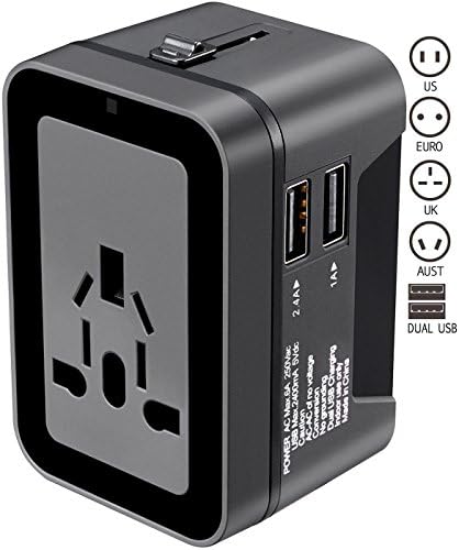 Travel Adapter, ERZT Worldwide All in One Universal Power Converters Wall AC Power Plug Adapter Power Plug Wall Charger with Dual USB Charging Ports for USA EU UK AUS Cell Phone Laptop (Black)