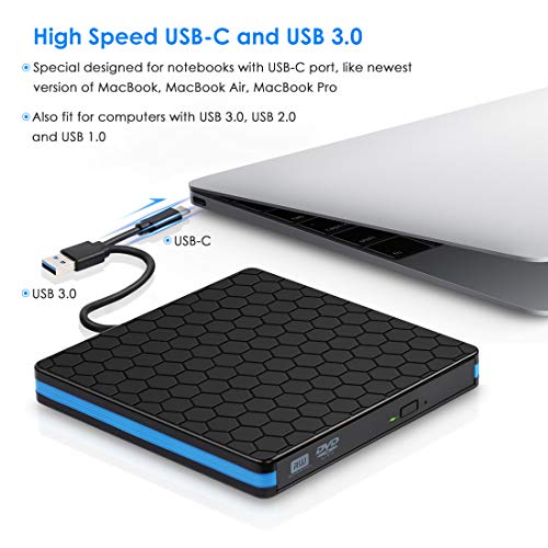 Kingbox External DVD Drive, Portable USB 3.0 Type-C CD/DVD Writer Drive for Laptop Desktop PC Computer Windows Linux OS Apple Mac MacBook Pro Air iMac - High Speed Data Transfer - Black