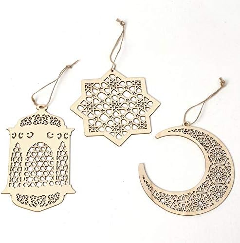 Tingtin Eid Ramadan Wooden Golden Hanging Decorations Mubarak Wooden Hollow Moon Wind Light Anise Star DIY Pendant Sets Islam Eid Ramadan Party Baubles Decorations