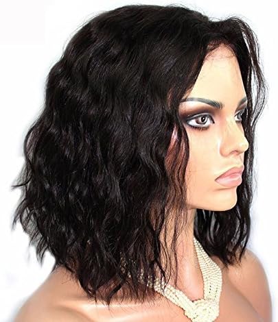 Short Bob Wavy Brazilian Remy Hair Wigs with Baby Hair Natural Wave Glueless Lace Front Human Hair Wigs For African American Women 10Inch Natural Color