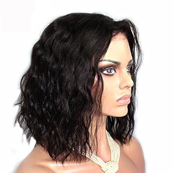 12inch 1jet Black Short Bob Wavy Lace Front Wigs With Baby