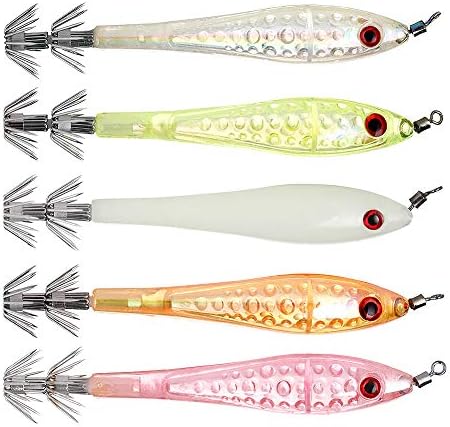 Origlam 5点 発光 イカ ジグ フック 釣りルアー 疑似餌 エビの爪 タックルフック ルアー ステンレススチール スクイッドフック 暗闇で光る 海水釣り タコ カトルフィッシュフックセット Sintpietersbuiten Be