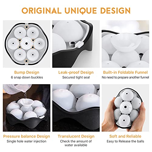 Silicone Sphere Ice Ball Maker, Ice Cube Tray-Easy Release & Flexible 7-Ice Ball Molds,design with Folding Funnel for Whiskey,Cocktails,Bourbon,Reusable and BPA free