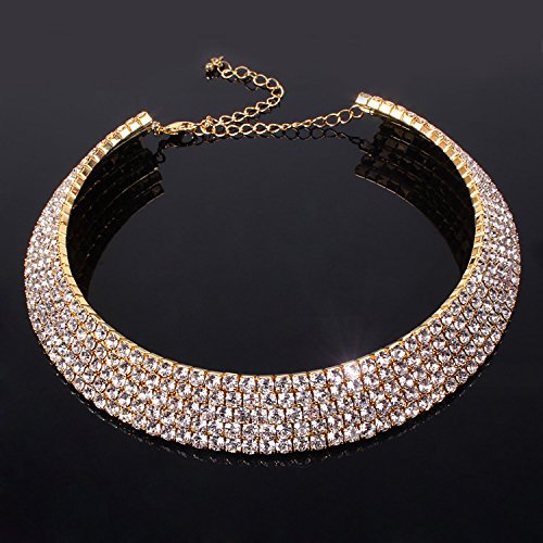 5 Rows Gold Plated Necklace Rhinestone Choker Statement Neckalce for Women Wedding,Prom Jewelry