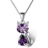 DreamsEden Cat Necklace, 18'' Silver Box Chain Women's Amethyst Cat Pendant Jewelry, Purple (Gift Box & Greeting Card)