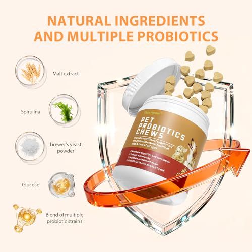 Probiotics for Dogs, Dog Probiotic Chewable Tablets, Digestive Enzymes & Prebiotics Regulate Gut Health, Improve Digestion & Immunity, Reduce Itching & Allergies, Cat Probiotics Chicken Flavor, 5.3Oz
