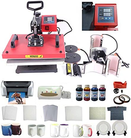 6in1 Heat Press Machine T-Shirts Epson Printer Ciss Ceramic Tiles Paper Mug Ink Sublimation Art KIT