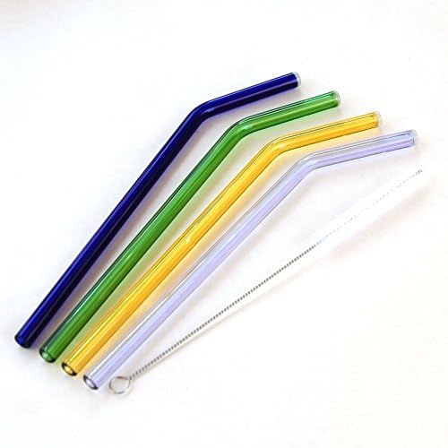 Tianyuan 9" 9MM Bent Glass Straws with 1 Cleaning Brush 4 Pack Blue Green Yellow Purple