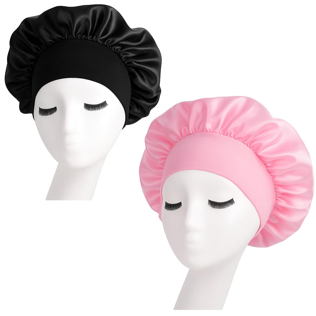 nuoshen 2 Pack Satin Bonnet with Wide Elastic Band, Satin Bonnets Elastic Hat Soft Sleeping Head Cover for Night Sleep Curly Hair Protection Head Cover (Black+Pink)