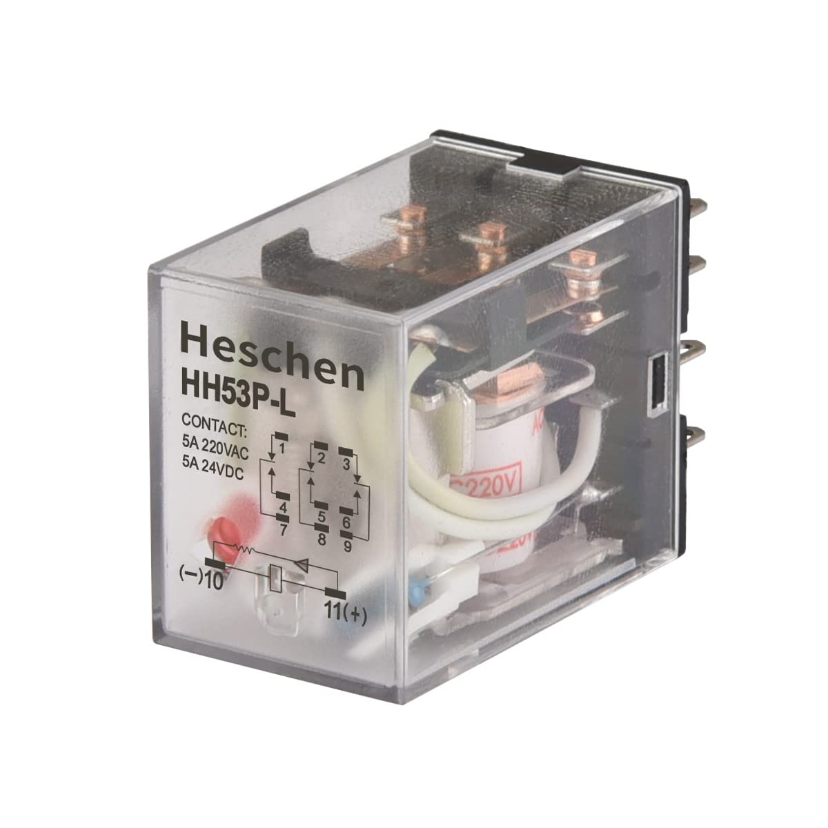 Heschen Gereral Purpose Power Relay, HH53P-L, 220VAC Coil, 5A 220VAC/24VDC, 3PDT, 11 Pin Terminals, LED Indicator