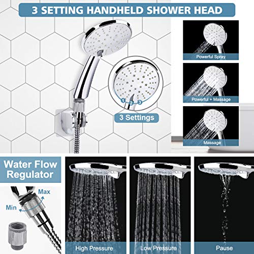 8 inch High Pressure Shower Head Stainless Steel Rainfall 3 Settings Handheld Shower Head Combo with 60\'\' Hose – Chrome Finish With Strong Suction Holder Flow Regulator 4 Shower Hooks