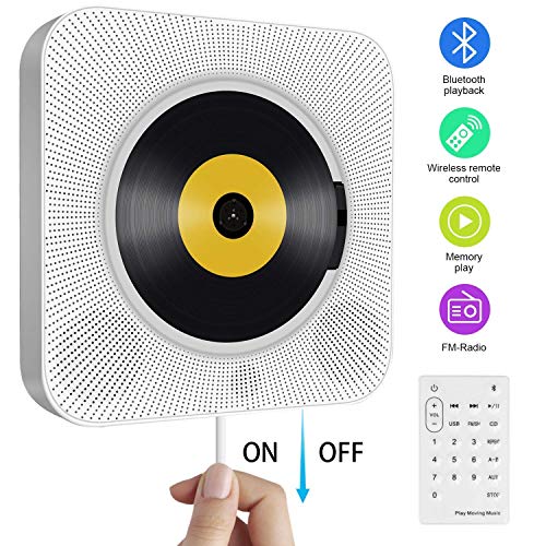 Portable CD Player with Bluetooth, Wall Mountable Built-in HiFi Speakers, Home Audio Boombox with Remote Control FM Radio USB MP3 3.5mm Headphone Jack AUX Input/Output with Pulling-Switch, White