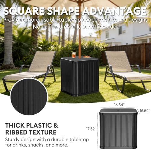 Umbrella Side Table with Umbrella Hole, Hyperzoo 2-in-1 Outdoor Side Table & Umbrella Stand with Fillable Base, Heavy Duty Poolside Table Holds 132 lbs, Fits ≤1.5” Pole for Poolside & Backyard, Black