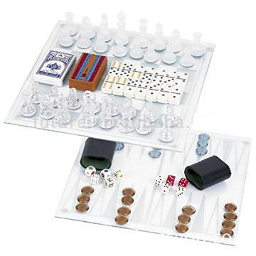 Lax-Max Lucky Seven Gaming Classics 7 in 1 Glass Game Set, Chess Checkers Backgammon Playing Cards Dominoes Cribbage & Poker Dice