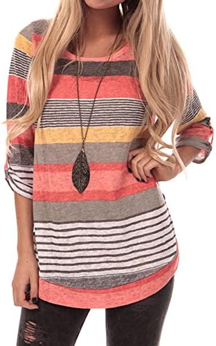 Women's Striped 3/4 Sleeve Top Blouse (Medium, Coral)