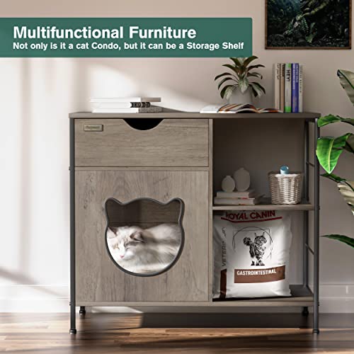 Cat Furniture Cabinet Enclosure,Cat House for Indoor Cats Side Table,Wooden Cat Cabinet with Drawer, Cat Home End Table with Storage Shelf, Nightstand,Grey