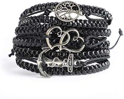 STUSH Multilayer Black Punk Handmade Braided Adjustable Leather Bracelet Mens Leather Bracelet,Birthday Gift for Men,3pc