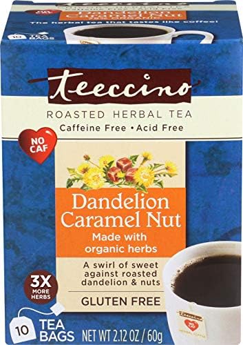 Teeccino, Herbal Coffee, Dandelion Caramel Nut, Caffeine Free, 10 Tee Bags, 2.12 oz (60 g)