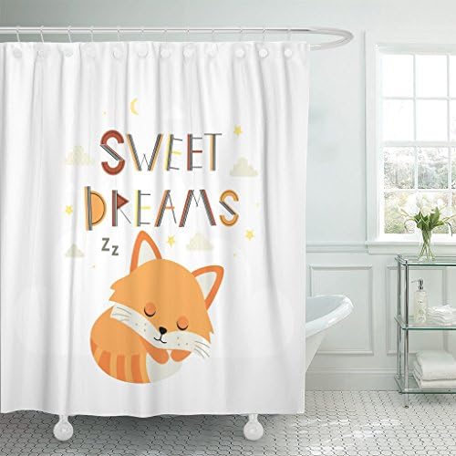 VaryHome Shower Curtain Red Animal Sweet Dreams Cute with Little Sleeping Cat Child Baby Sleep Lettering Waterproof Polyester Fabric 60 x 72 Inches Set with Hooks