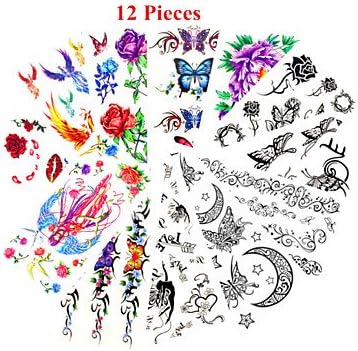 12PCS Mixed Patterns Temporary Tattoos Sticker Women Girl Flower Tattoos Arm Neck Tattoos