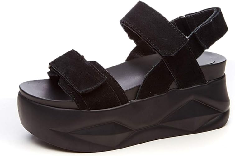 Amazon ドドシューズ アンクルストラップ スエード サンダル レディース 厚底 サンダル マジックテープ サンダル ぺたんこ 黒 コンフォートサンダル 脱ぎ履き簡単 7cm 厚底 フラットサンダル レディース ベルクロ 防滑 日常着用 夏 旅行 ドドシューズ スポーツ