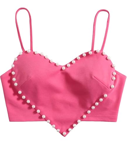 SOLY HUX Women's Pearls Beaded Halter Bow Front Cami Crop Tops