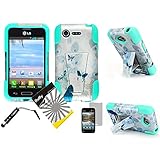 3 items Combo: ITUFFY(TM) LCD Screen Protector Film + Mini Stylus Pen + 2 tone Design Dual Layer KickStand Tuff Impact Armor Hybrid Soft Rubber Silicone Cover Hard Snap On Plastic Case for Verizon LG Optimus Zone2 VS415PP / LG Optimus Fuel L34C (Peacock Butterfly - Mint Blue)
