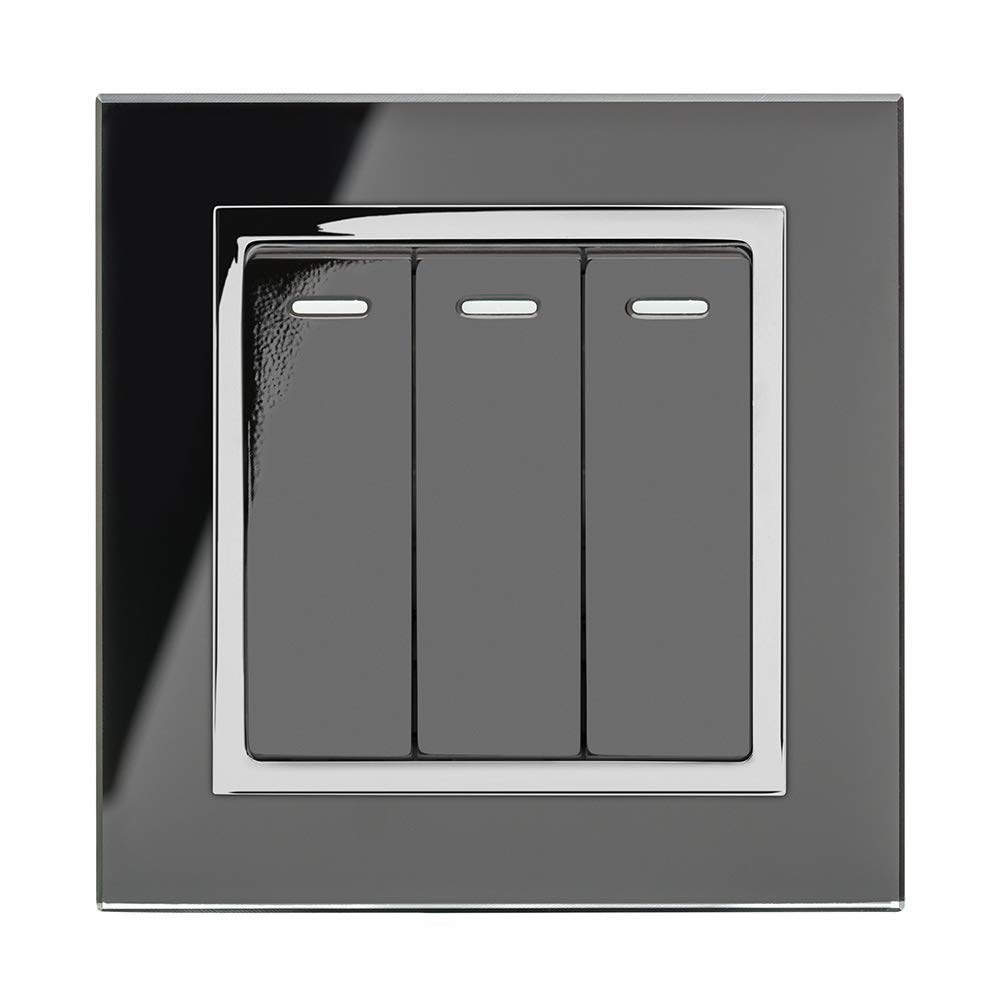 Retrotouch Crystal Triple Light Switch, Chrome Trim, 2-Way, 10AX, Black Glass