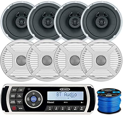 Jensen MS2ARTL AM/FM/USB Bluetooth Stereo w/App Control - 4 x Jensen Marine MS650 6.5" Waterpoof Coaxial Speakers - 4 x 6.5 Removable Marine Audio Grilles (White) - Speaker Wire