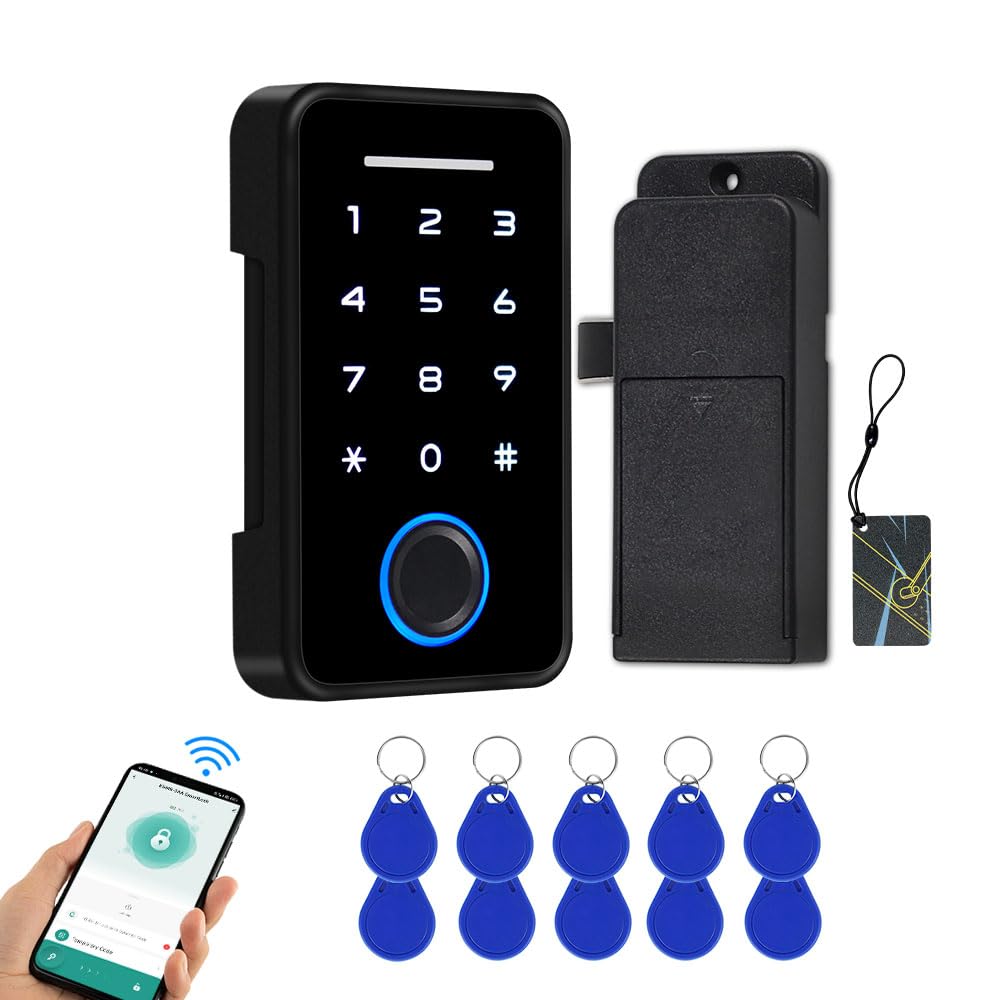 FTes RFKits Tuya Hidden Smart Cabinet Lock, Portable Password Latch Lock, Electronic Fingerprint Safety Kit with RFID Card, for Furniture Liquor Cabinet Locker Pantry Drawer Cupboard